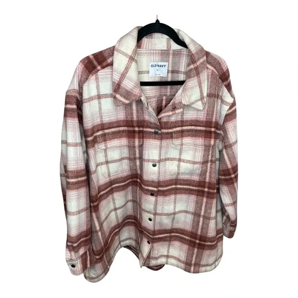 Old Navy Womens 2XL Plaid Flannel Shirt Jacket Shacket Button Up Pink Cream - Picture 1 of 7